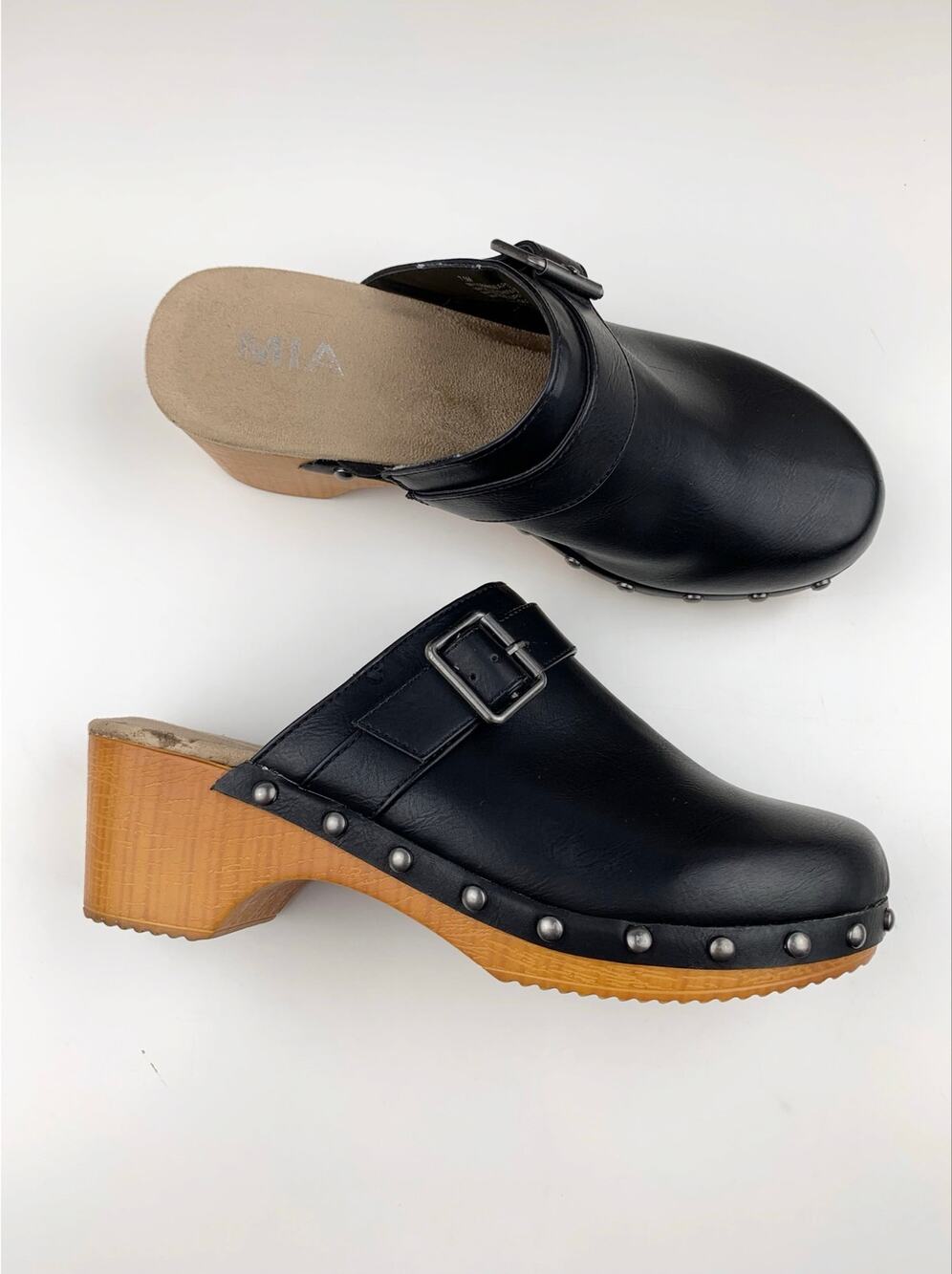 Mia Apollo Clogs Black Faux Leather Slip On Shoes Mules Women's 7.5 - Flaws